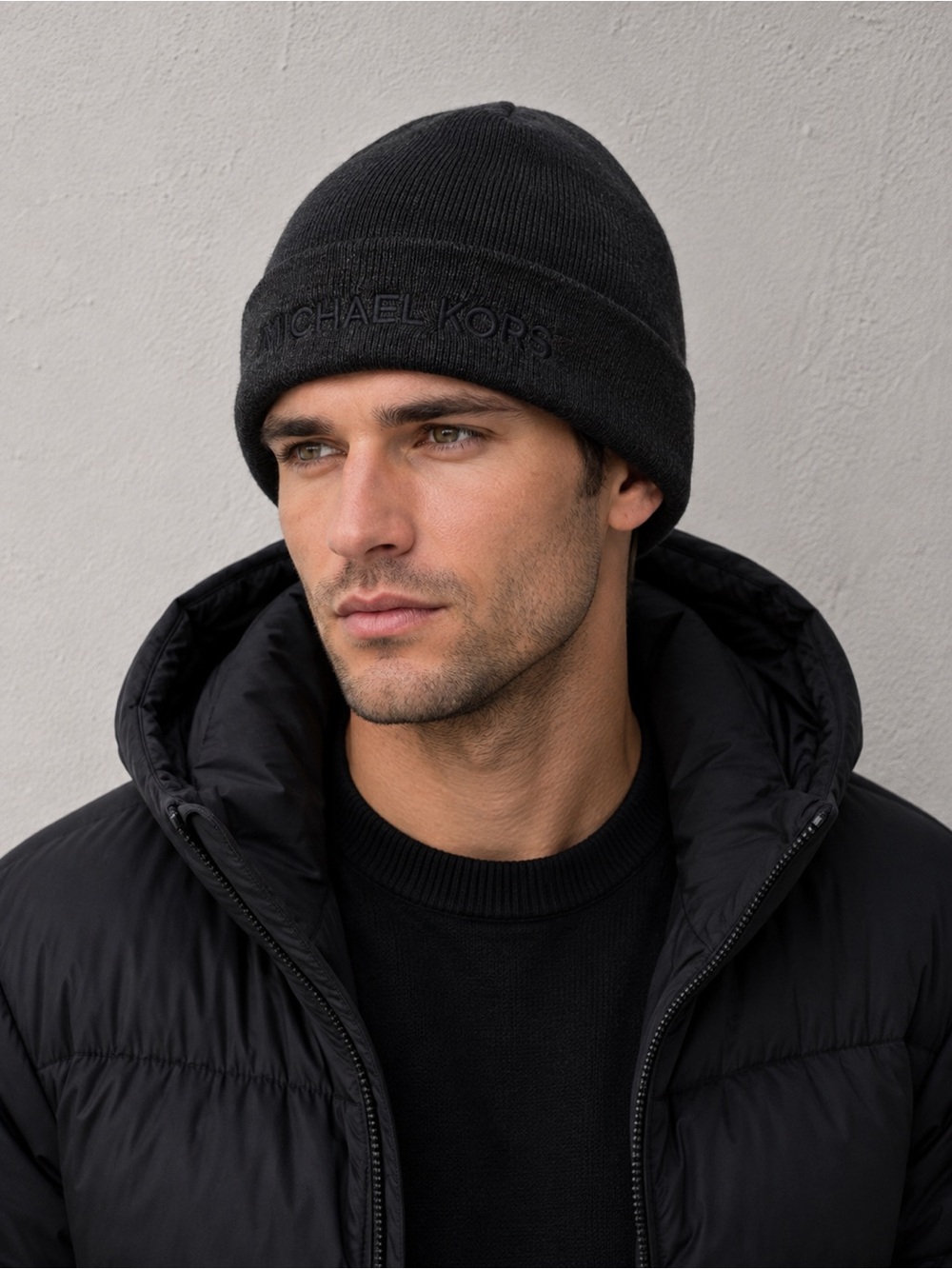 Michael Kors Men's Black Knit Beanie with Embroidered Logo